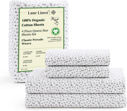 Lane Linen 100% Organic Cotton Queen Sheet Set, 4-Piece Percale Bed Sheets for Queen Bed - Soft, Breathable, Hypoallergenic, Deep Pocket Fits Mattress Up to 15" Deep, Hotel Quality Sheets - White