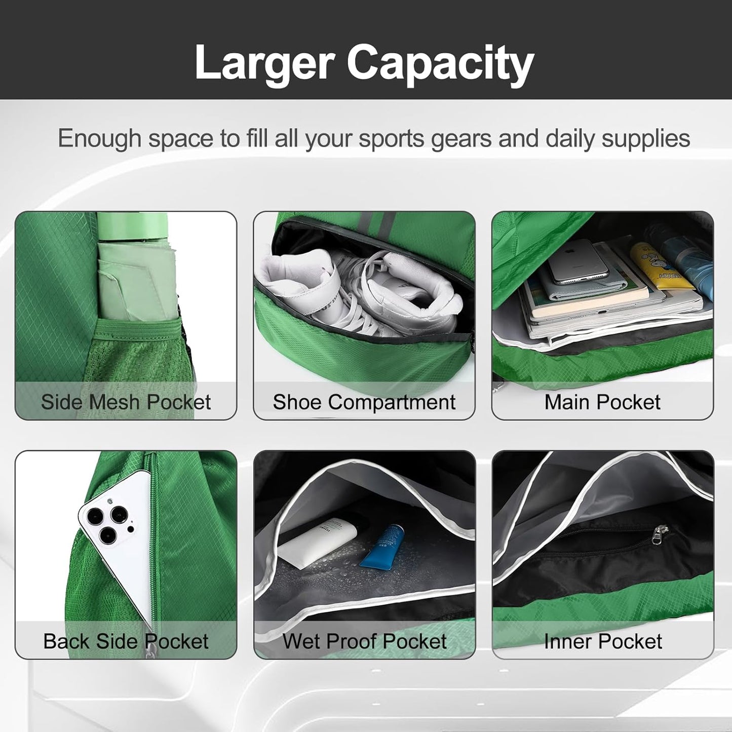 Hoedia Sports Drawstring Backpack - String Swim Gym Bag with Shoes Compartment and Wet Proof Pocket for Women/Men