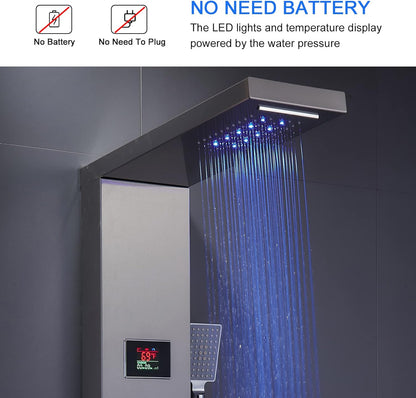 LED Shower Panel Tower System Black, MENATT 304 Stainless Steel 5-Function Shower Panel Rainfall Waterfall Shower Rain Massage System with Body Jets