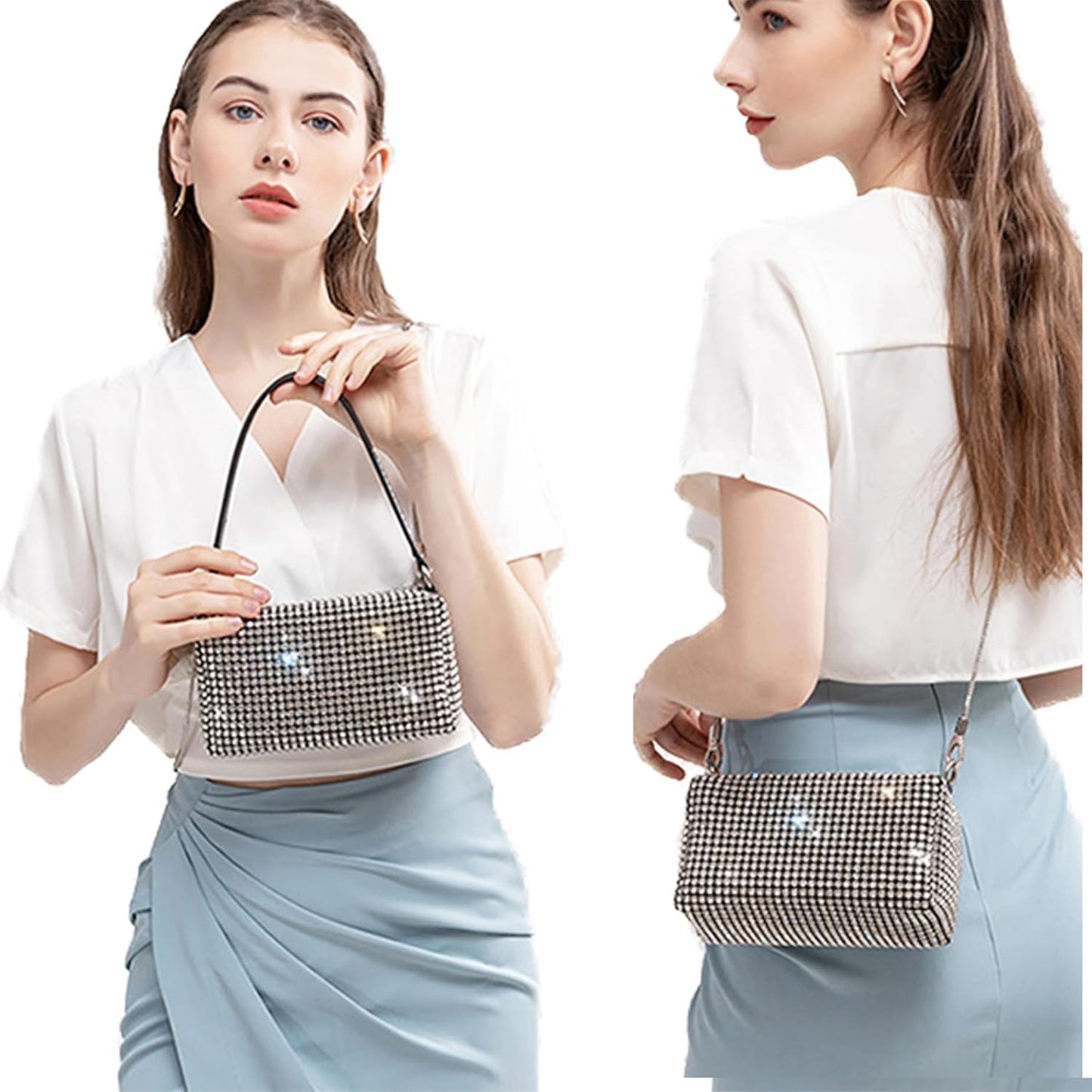 Rhinestone Purse for Women Sparkly Rhinestone Bag Evening Bag Silver Clutch Purses Bling Crossbody Bags for Women