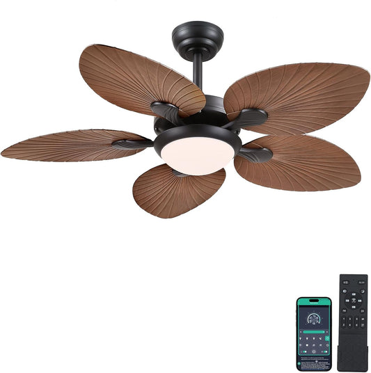 Wiviniya Ceiling Fans with Lights and Remote/APP Control, 44 Inch Tropical Palm Leaf Ceiling Fan with LED Lights, Outdoor Ceiling Fans for Patios Porch, Reversible Quiet Motor, Dimmable, Light Brown
