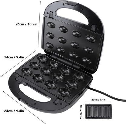 6 in 1 Mini Donut Maker, Double Sided Heating Waffle Maker Sandwich Maker Grill Maker Madeleines Maker Nut Cake Maker Non Stick Small Breakfast Machine with 10 Removable Plates