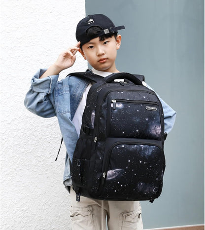 Boys Backpacks Primary Junior High School Bag Kids Bookbag with Lunch Bag 3 in 1 Casual Daypack Set Space Galaxy Durable Knapsack