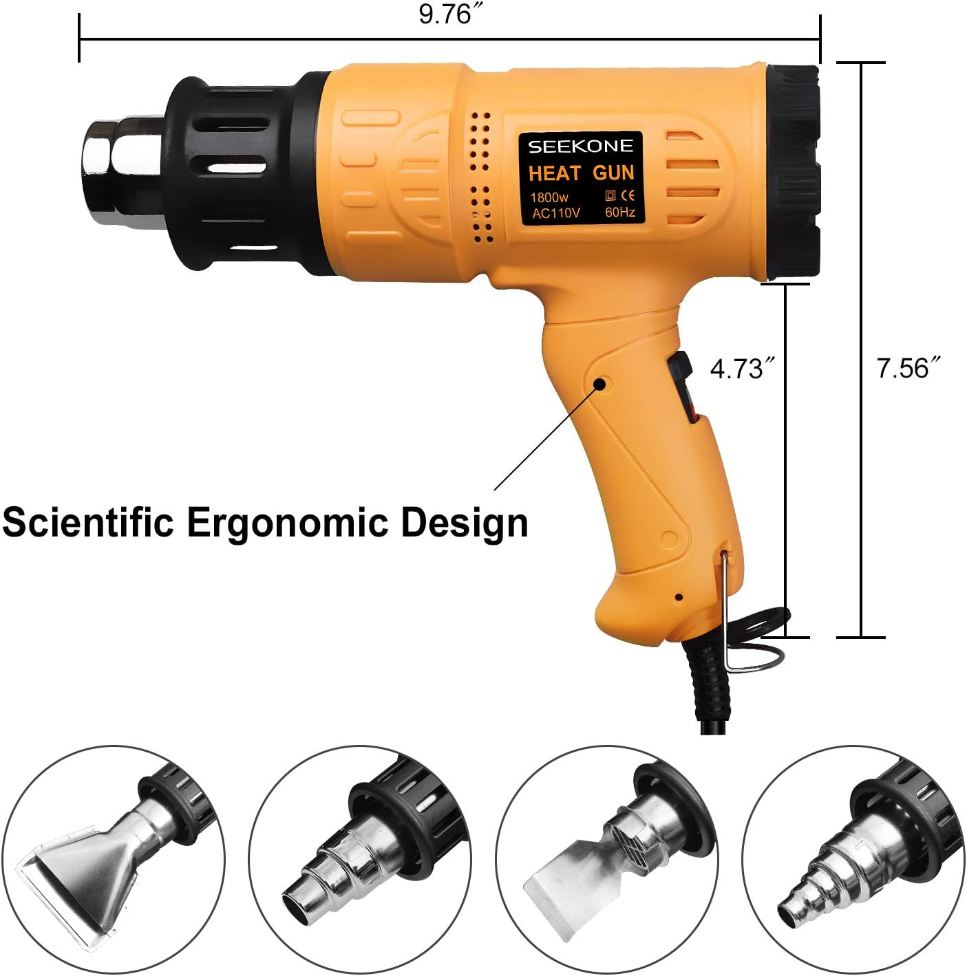 SEEKONE Heat Gun 1800W 122℉-1202℉（50℃- 650℃） Fast Heating Heavy Duty Hot Air Gun Kit Variable Temperature Control Overheat Protection with 4 Nozzles for Crafts, Shrinking PVC, Stripping Paint(5.2FT)