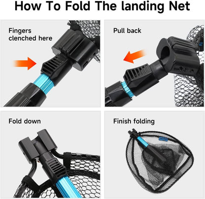 SAN LIKE Fishing Net Telescopic Landing Nets Folding Rubber Fish Net Rubber Coated Landing Net with Adjustable Sturdy Pole Handle for Saltwater Freshwater Bass Trout Fishing Easy Catch & Release