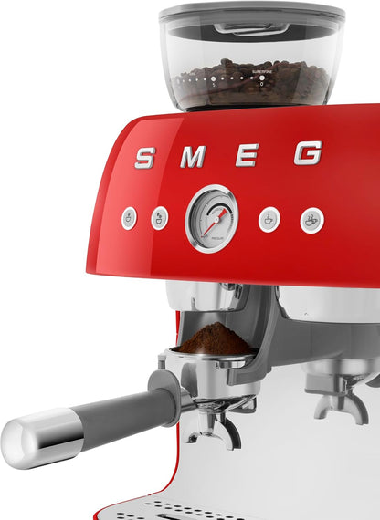 Smeg 50's Retro Style Semi-Automatic Espresso Coffee Machine with Built-in Grinder, Coffee & Latte Drinks, Double-Thermoblock Heating System, Red, EGF03RDUS