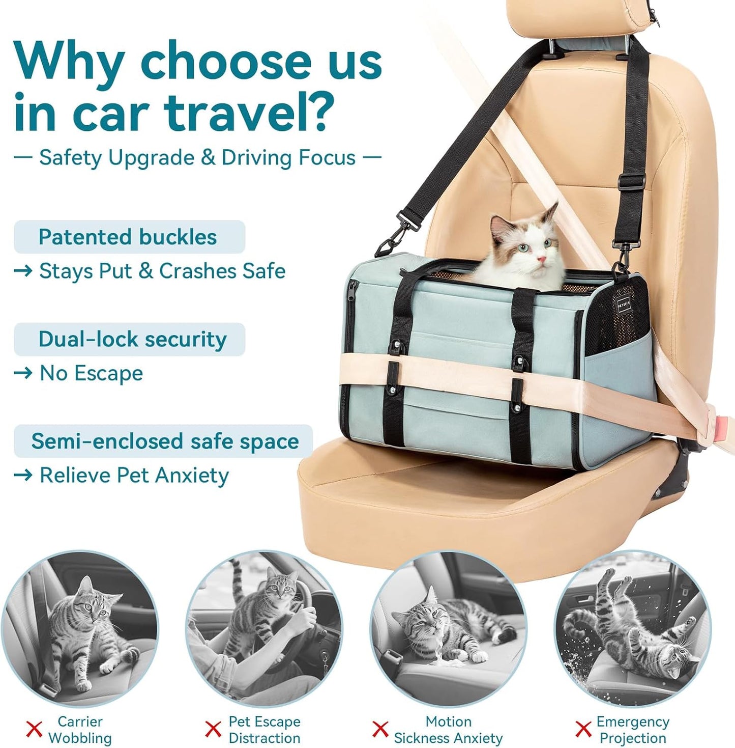 Petsfit Pet Carrier Airline Approved, Soft-Sided Cat Carrier with Patented Car Buckle, Lightweight and Collapsible with Adjustable Shoulder Strap, Soft Cushion,Green