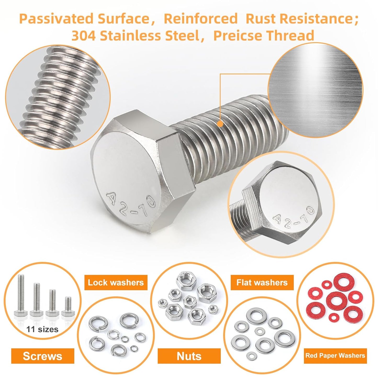 780pcs Hex Bolts and Nuts kit, 304 Stainless Steel M6 M5 M4 M3 Metric Bolt Assortment (Lock & Flat Washers), Stainless Steel Bolts and Nuts kit, Metric Screw Assortment