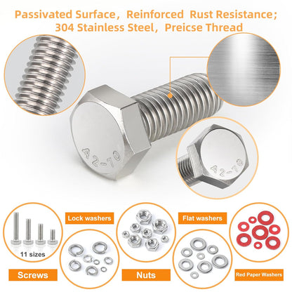 780pcs Hex Bolts and Nuts kit, 304 Stainless Steel M6 M5 M4 M3 Metric Bolt Assortment (Lock & Flat Washers), Stainless Steel Bolts and Nuts kit, Metric Screw Assortment