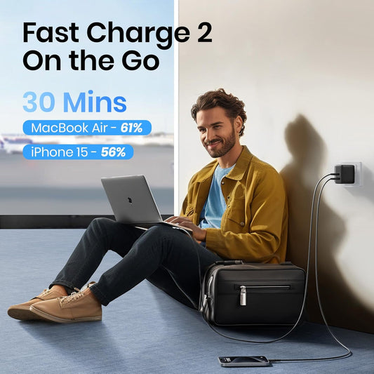 INIU 65W USB C Charger, 2-Port Fast GaN Charger Compact Foldable Charger Block for MacBook Pro/Air, Tablet iPad, Galaxy S24/S23/S22, Dell XPS 13, iPhone 16/15, Pixel, Steam Deck - PuriLite