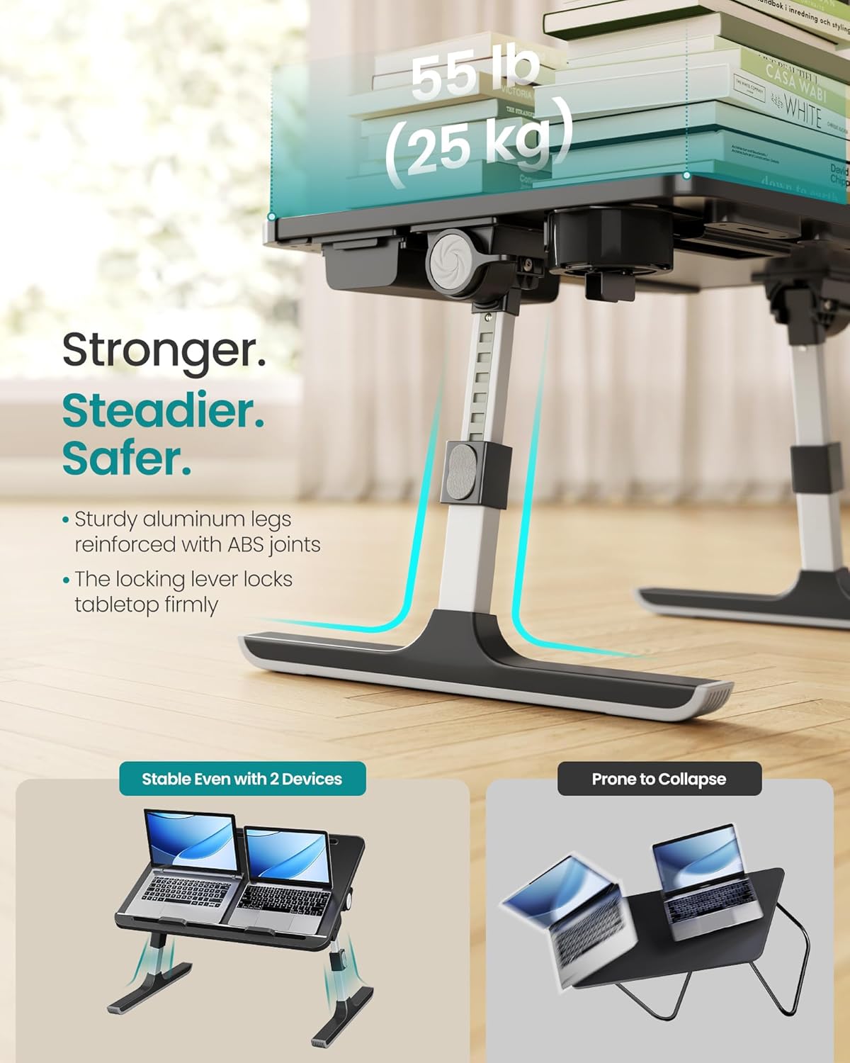SONGMICS Bed Laptop Desk, Foldable Bed Desk for Laptop, 56 x 40 cm Large Desktop, 120° Stepless Tilt, Adjustable Height, Cup Holder, Tray, Portable Sofa Table, Ink Black ULLD113BC01