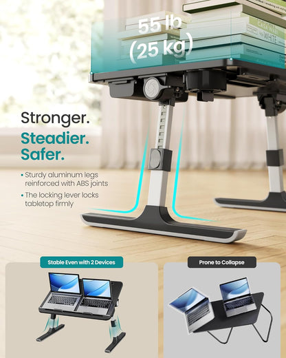 SONGMICS Bed Laptop Desk, Foldable Bed Desk for Laptop, 56 x 40 cm Large Desktop, 120° Stepless Tilt, Adjustable Height, Cup Holder, Tray, Portable Sofa Table, Ink Black ULLD113BC01