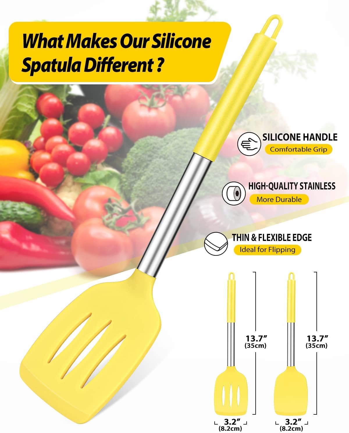 Pack of 2 Silicone Slotted Spatula,Non Stick Solid Kitchen Turner, High Heat Resistant BPA Free Cooking Utensils for Fish, Eggs, Pancakes（Black