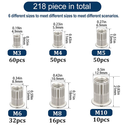 Vifmy Metric & SAE Rivet Nut Assortment Kit(420 Pcs),m3 m4 m5 m6 m8 m10 m12#6-32#8-32#10-24 1/4"-20 5/16"-18 3/8"-16 UNC Flat Head Rivnut Set,Zinc Plated Finish Carbon Steel Nutsert