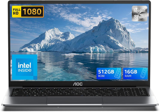 2025 AOC AX15 Laptop, 15.6-inch FHD (1920 x 1080) Display, Intel N97(4C/4T) Processor, 16GB DDR4 RAM, 512GB SSD, Windows 11 Pro, WiFi5, BT5.0, 38Wh Battery