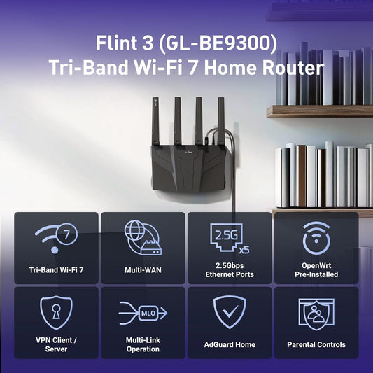 GL.iNet GL-BE9300 (Flint 3) Tri-Band WiFi 7 Router, High-Speed 6GHz Gaming WiFi Router for Wireless Internet, Long Range, 5 x 2.5G VPN Routers for Fiber Optic Modem, Computer Routers, Home & Business