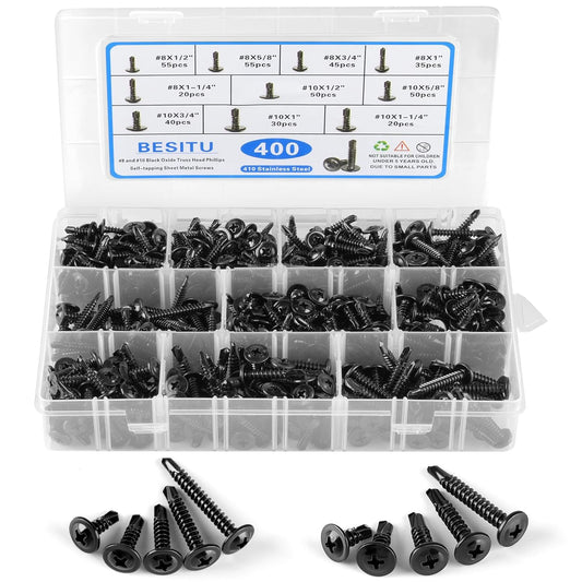 Besitu 400PCS Self Tapping Screws, 410 Stainless Steel Self Drilling Screws #8#10 Black Oxide Sheet Metal Screws, Length 1/2" to 1-1/4'', Truss Head Wood Screws Assortment for Metal, Plastic and RV