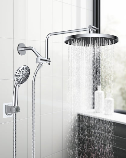 Metal Thickness Shower Head, 10'' High Pressure Rainfall Shower Head/Handheld Showerhead Combo with 12'' Adjustable Shower Extension Arm, 7-Spray, 71'' Hose, Showerhead Holder, Matte Black
