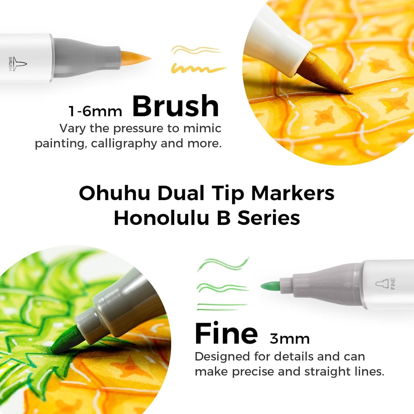 Ohuhu 48 Color Alcohol Markers Brush Tip: Double Tips Drawing Marker for Adults Artists Coloring Books Soft Tip Markers 1 Alcohol-based Marker Blender, Brush & Chisel- Honolulu Art Pen Gift - PuriLite