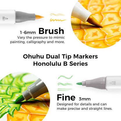 Ohuhu 48 Color Alcohol Markers Brush Tip: Double Tips Drawing Marker for Adults Artists Coloring Books Soft Tip Markers 1 Alcohol-based Marker Blender, Brush & Chisel- Honolulu Art Pen Gift - PuriLite