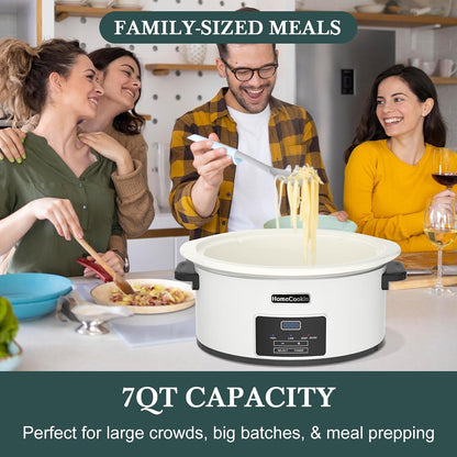 HOMECOOKIN 7-Quart Programmable Slow Cooker with Timer Keep Warm - Small Kitchen Appliance for Family Dinners - Serves 6+ People (White)