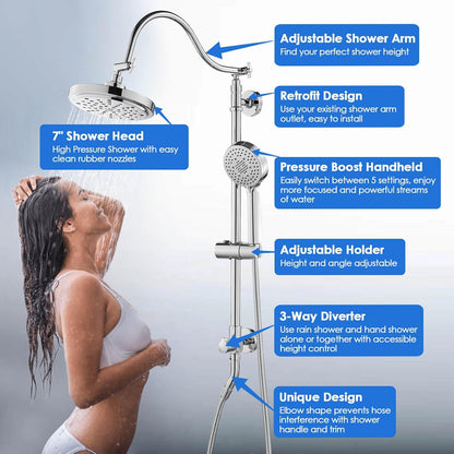 ROVOGO Retrofit Shower System with 7" RainShower, 5-Setting Handheld, 22" Slide Bar with 3-Way Rotary Diverter, Exposed Pipe Shower Column Kit 304 Stainless Steel, Chrome (NOT Include Mixer Valve)