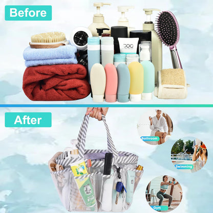 Mesh Shower Caddy Tote, Large College Dorm Bathroom Caddy Organizer with Key Hook and 2 Oxford Handles, Quick Hold, 8 Basket Pockets for Camp Gym