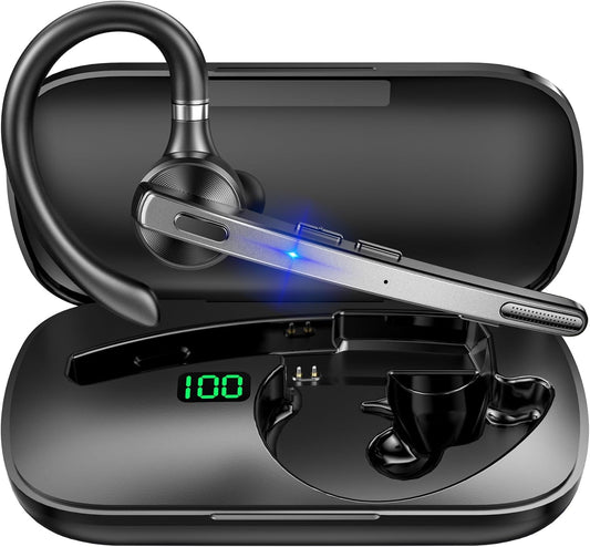 Bluetooth Headset V5.1, Wireless Headset with 500mAh Charging Case ENC Noise Cancelling Microphone, Bluetooth Earpiece 72H Talk Hands-Free Headphones for Cell Phone Office Business Driving (M51)