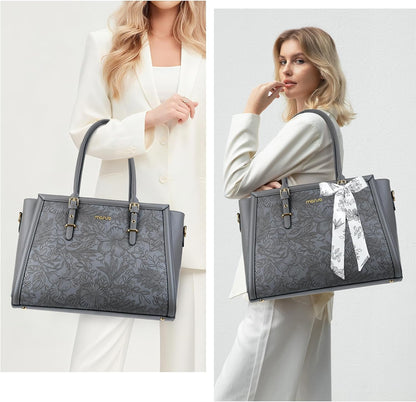 MOSISO Laptop Bag for Women, 17-17.3 inch PU Leathe Tote Bag Compatible with MacBook, HP, Dell, Asus Notebook, Front Embossed Retro Hibiscus Computer Bag with Silk Scarf&Clutch Purse, Gray - PuriLite