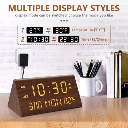 Kogonee Wooden Digital Alarm Clock, 0-100% Dimmer, 2 Alarm Settings, Weekday/Everyday Mode, 9 Mins Snooze, 12/24H, Temperature and Date Display for Office, Travel, Bedroom Alarm Clock (White)