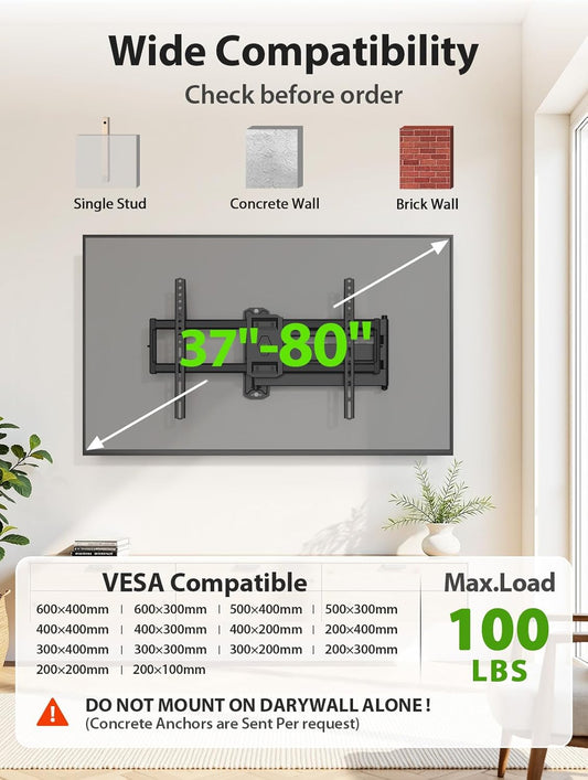 USX MOUNT Full Motion Long Arm TV Wall Mount for Most 37-80 Inch TVs up to 100 Lbs, Smooth Motion Swivel and Tilt TV Bracket, 32.05 Inch Extension, Max VESA 600x400mm, Perfect for Corner, XML930 - PuriLite