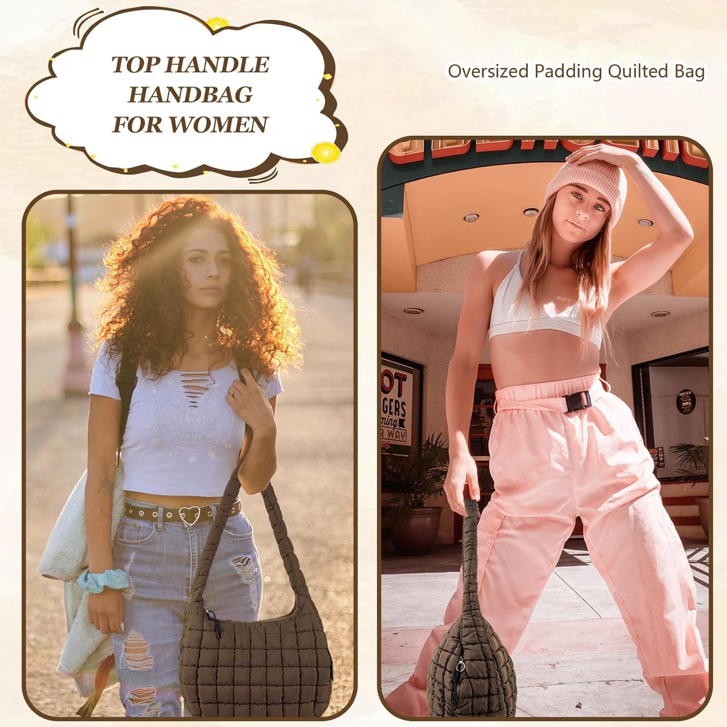 Quilted Puffer Tote Bag Large Crossbody Shoulder Bag with Zipper, Nylon Hobo Oversized Handbag