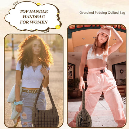 Quilted Puffer Tote Bag Large Crossbody Shoulder Bag with Zipper, Nylon Hobo Oversized Handbag