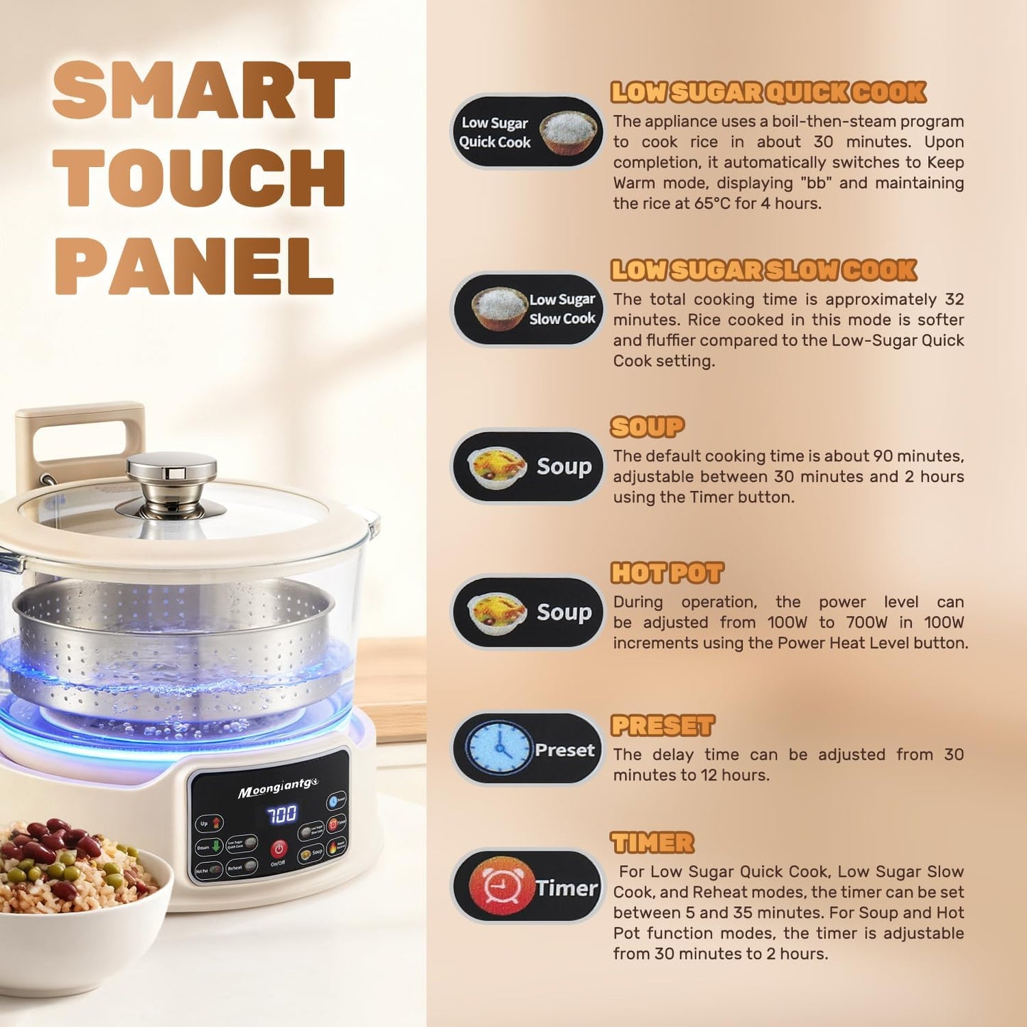 Moongiantgo Low Carb Rice Cooker 3L with Auto Lift Filter Basket, Glass Pot | Healthy Low Sugar Rice Maker 700W, Digital Touch Control, 12H Timer & Keep Warm, Steamer for Porridge, Soup, Oats, Grains