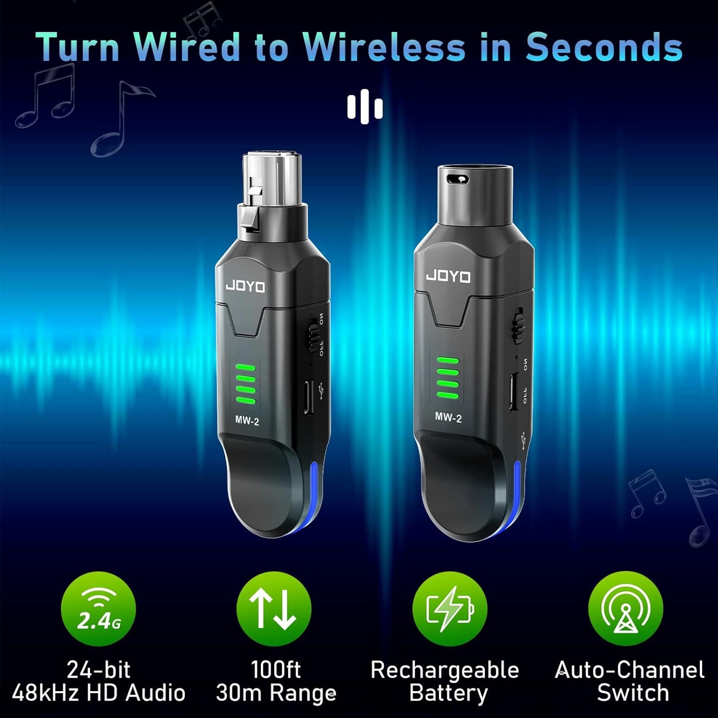 JOYO 2.4GHz Wireless XLR Microphone System, Plug-on Transmitter & Receiver for Dynamic Mics, 100ft Range, 24-bit/48kHz, 6-8Hr Battery, 4-Channel (MW-2)