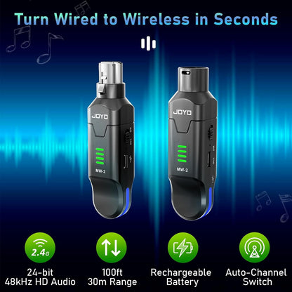 JOYO 2.4GHz Wireless XLR Microphone System, Plug-on Transmitter & Receiver for Dynamic Mics, 100ft Range, 24-bit/48kHz, 6-8Hr Battery, 4-Channel (MW-2)