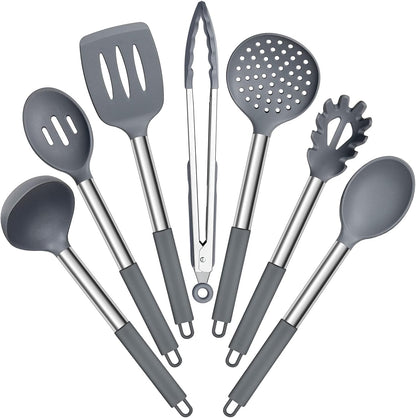 Silicone Cooking Utensils Set | Heat Resistant Kitchen Tools | Non Stick Cookware Utensils | Stainless Steel Handle Utensils | 7 Piece Cooking Set - PuriLite