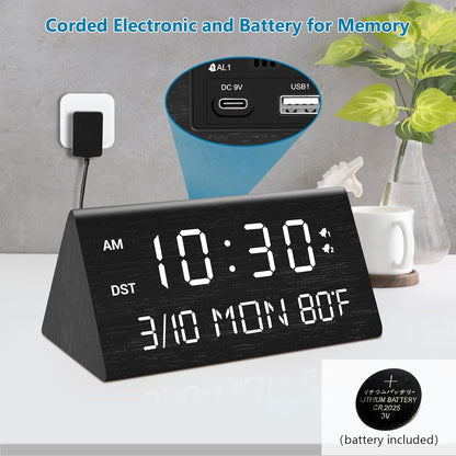 Kogonee Wooden Digital Alarm Clock, 0-100% Dimmer, 2 Alarm Settings, Weekday/Everyday Mode, 9 Mins Snooze, 12/24H, Temperature and Date Display for Office, Travel, Bedroom Alarm Clock (White)