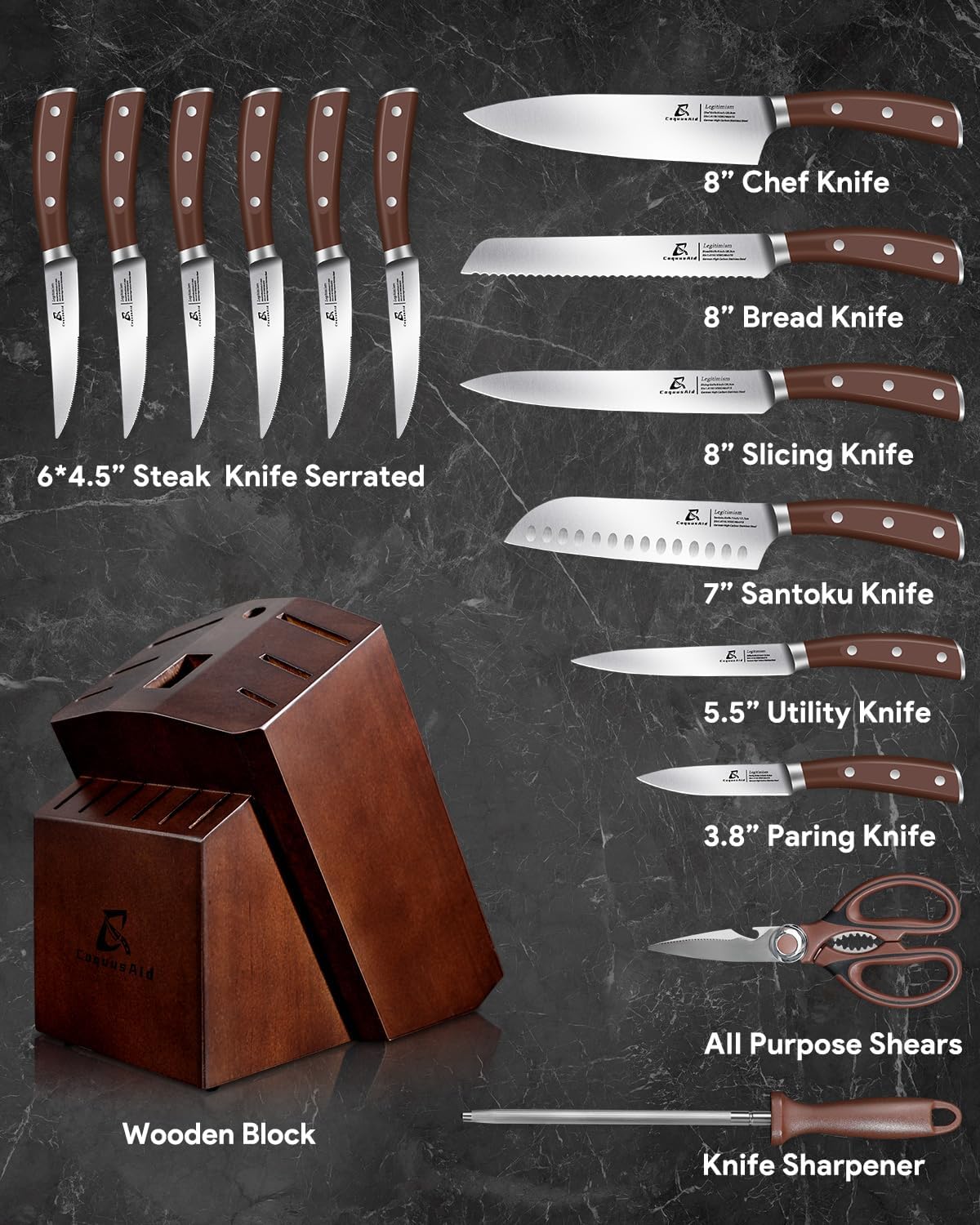 Knife Set with Block, Kitchen Chef Knives Set with Sharpener, Stainless Steel Knife Block Set, 6 Pcs Steak Knife Set Serrated, German Dishwasher Safe, Beveled Design Brown 15 Pieces