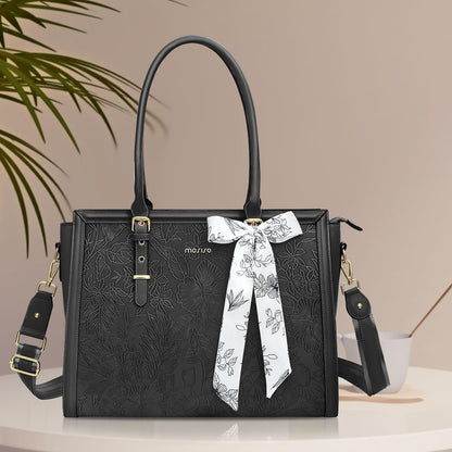 MOSISO Laptop Bag for Women, 17-17.3 inch PU Leathe Tote Bag Compatible with MacBook, HP, Dell, Asus Notebook, Front Embossed Retro Hibiscus Computer Bag with Silk Scarf&Clutch Purse, Gray - PuriLite