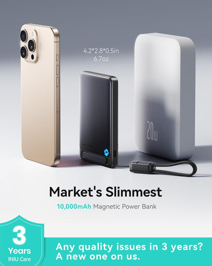 INIU Magnetic Power Bank, Qi2 Certified, Slimmest 45W 10000mAh Magnetic Portable Charger, Powerbank with USB C Cable & Kickstand, Fast Charging Battery Pack, for iPhone 16 15 14 13 12 Series Only