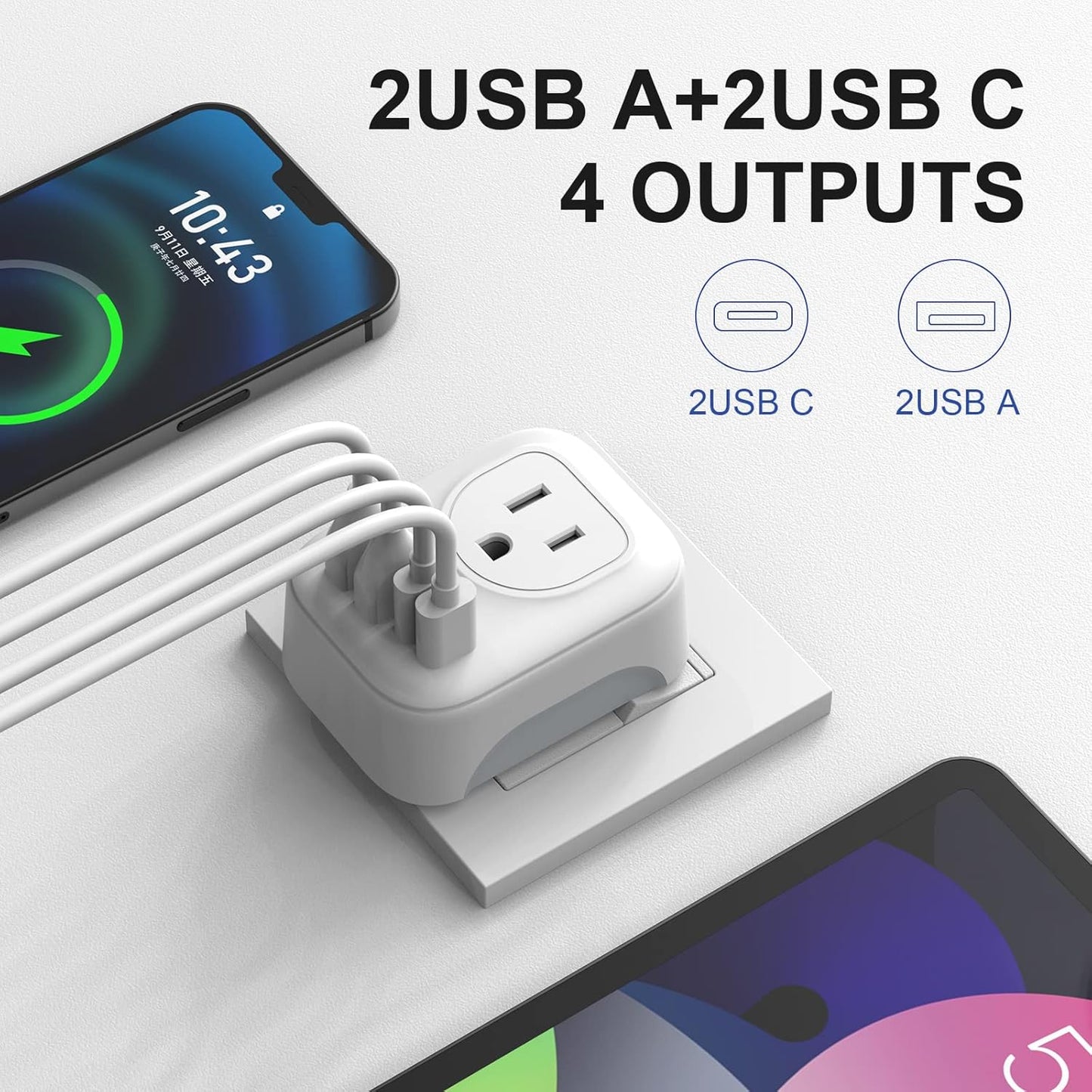 2 Pack European Travel Plug Adapter, VYLEE International Travel Adapter with 2 Outlets 4 USB Ports(2 USB C), 6 in 1 Type C Travel Essentials Charger for US to Most of Europe EU Italy Spain France