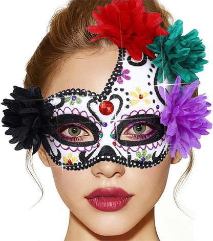 BODIY Halloween Masquerade Mask Flower Skull Day of the Dead Eyemask for Women Men Costume Masks Mardi Gras Half Mask