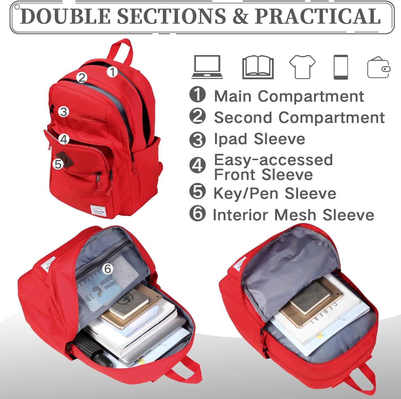 School Backpack for Men Women,Vaschy Lightweight School Bag Bookbag Casual Daypack for High School/College/Teens/Travel/Work