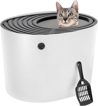 IRIS USA Top Entry Cat Litter Box with Scoop - Large - Stylish Enclosed Round Oval Kitty Dog Proof Box, Litiere Pour Chat Bac - White/Beige