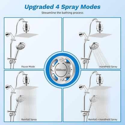 Hibbent Upgraded All Metal 10"Rainfall Showerhead Combo, High Pressure Shower Head with 10-Spray Mode Handheld, Innovative 4-way Diverter with Pause Mode, 71'' Shower Hose and Handheld Holder, Chrome