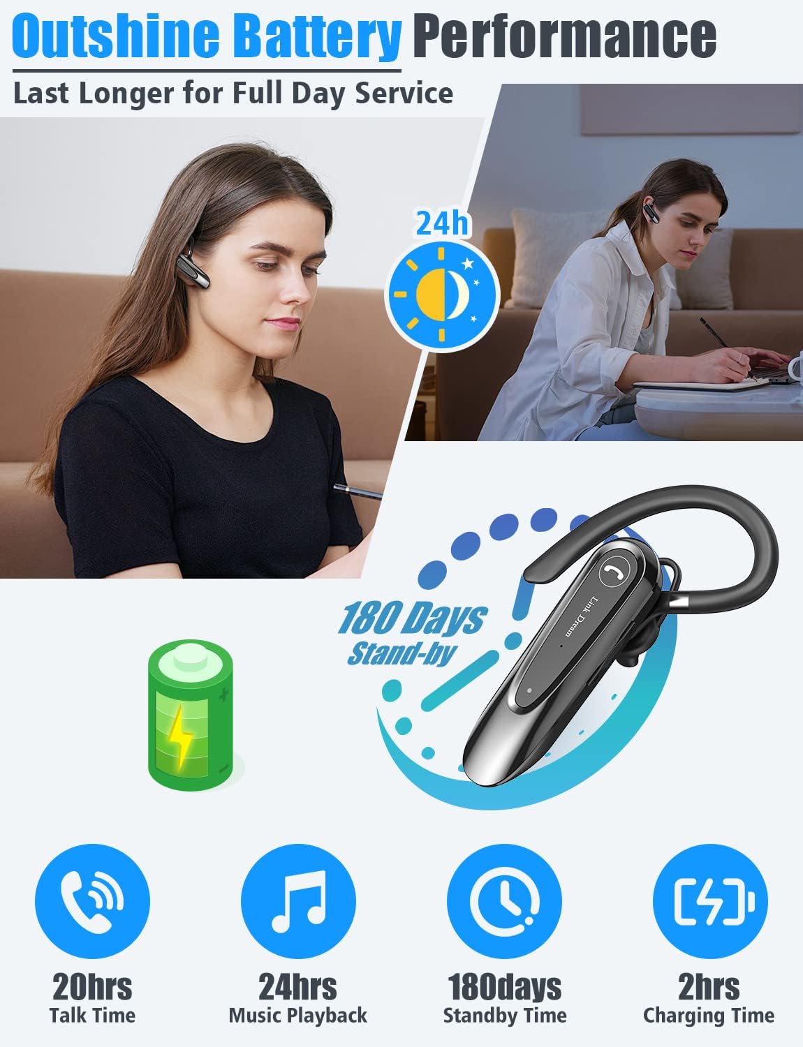 Bluetooth Earpiece Link Dream Wireless CVC8.0 Headset for Cell Phone Dual Mic Noise Canceling Handsfree Phone Earpiece w/Mute 20Hrs Talk Time 180 Days Standby for iPhone Android Home Office Driving