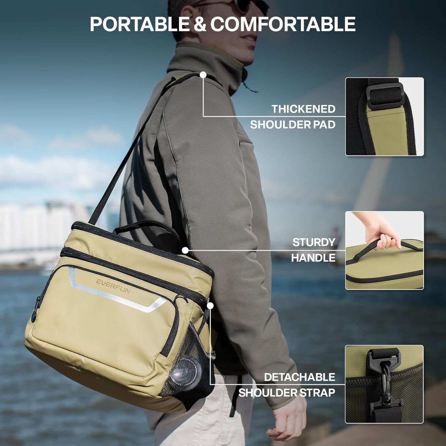 EVERFUN Cooler Bag Insulated Beach Cooler Lunch Bag Box for Men Women Dual Compartments Collapsible Waterproof Leak-Proof for Travel Work Picnic