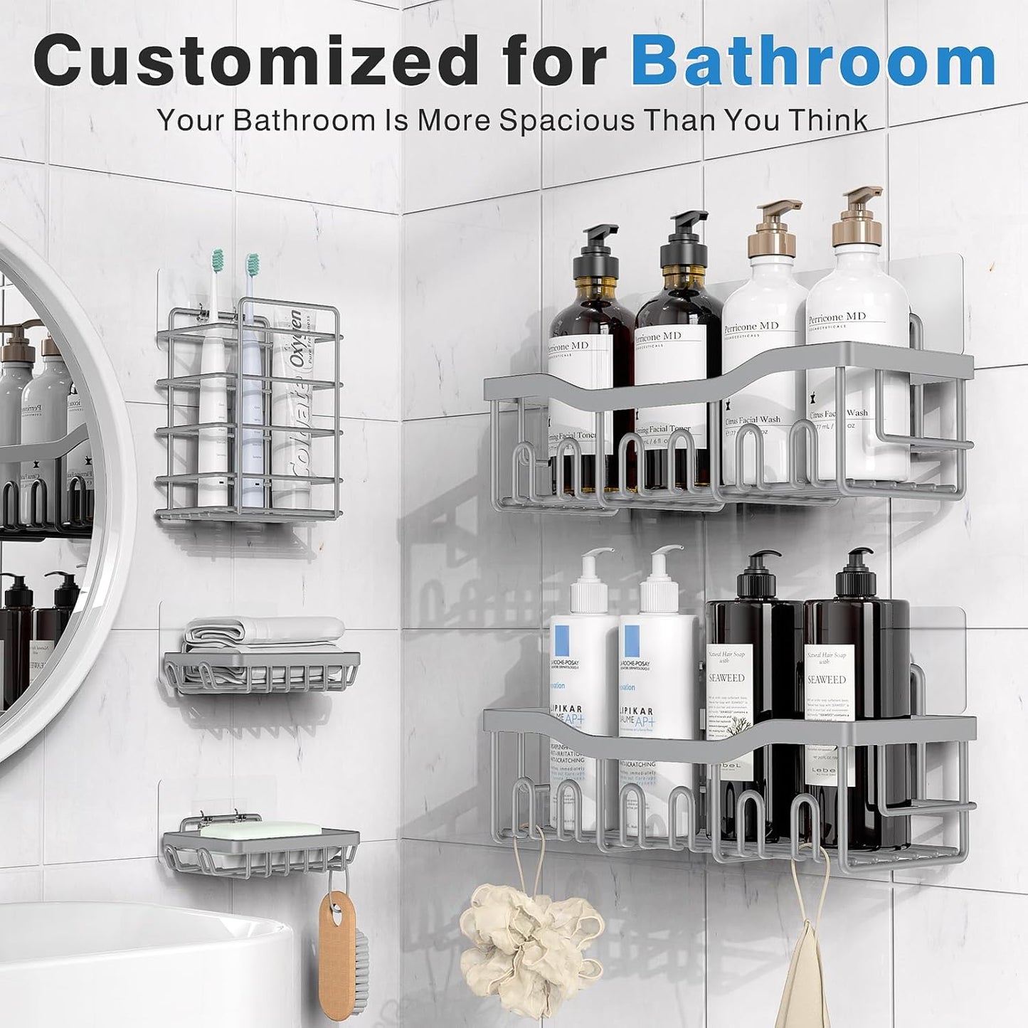 EUDELE 5-Pack Rustproof Stainless Steel Shower Caddy – No Drill Adhesive Bathroom Organizer with Large Capacity, Spacious Shower Shelves for Inside Shower, Kitchen & Home Decor Storage
