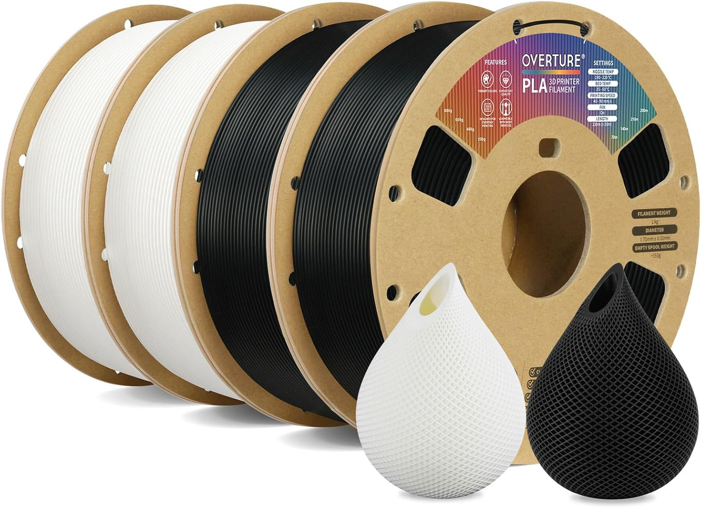 OVERTURE PLA Filament 1.75mm PLA 3D Printer Filament, 1kg Cardboard Spool (2.2lbs), Dimensional Accuracy +/- 0.02mm, Fit Most FDM Printer (Black 1-Pack)